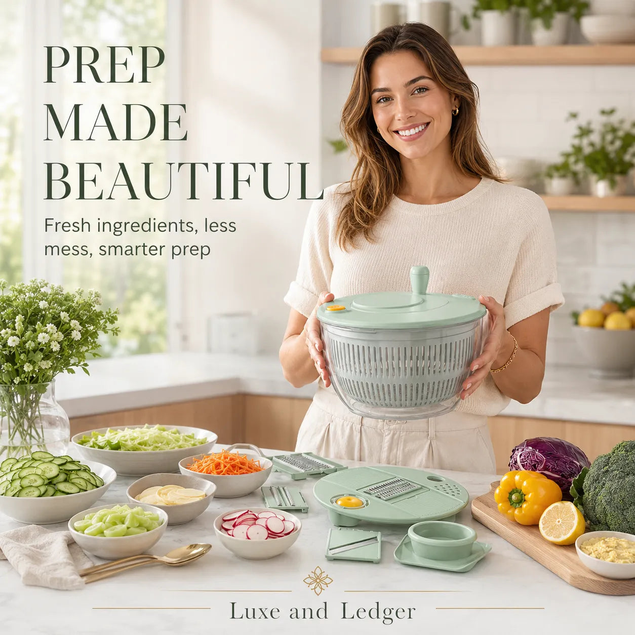 Woman holding a kitchen product with text 'Prep Made Beautiful' in a kitchen setting.