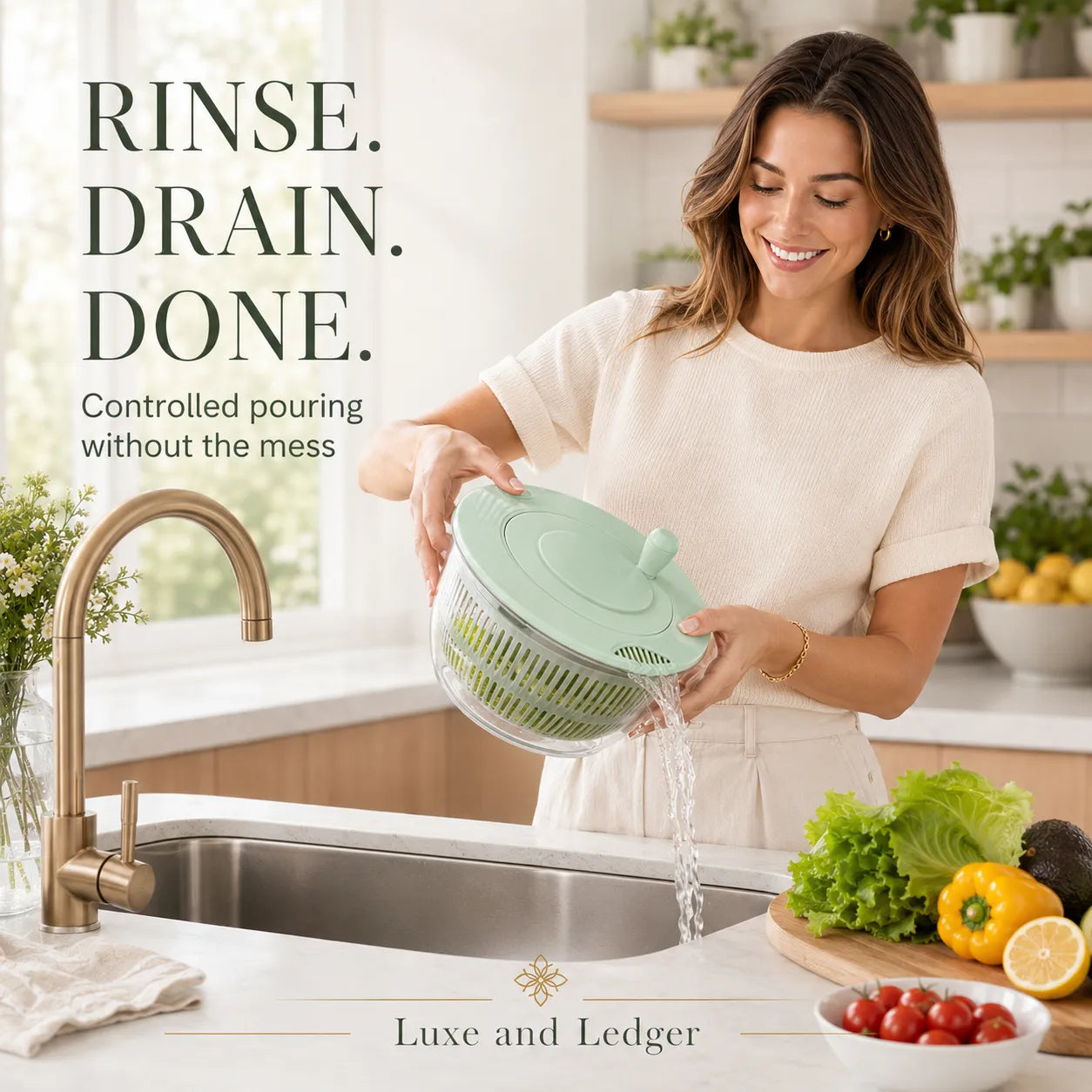 Woman using a kitchen tool to rinse vegetables in a sink with text 'RINSE. DRAIN. DONE.'
