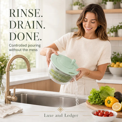Woman using a kitchen tool to rinse vegetables in a sink with text 'RINSE. DRAIN. DONE.'