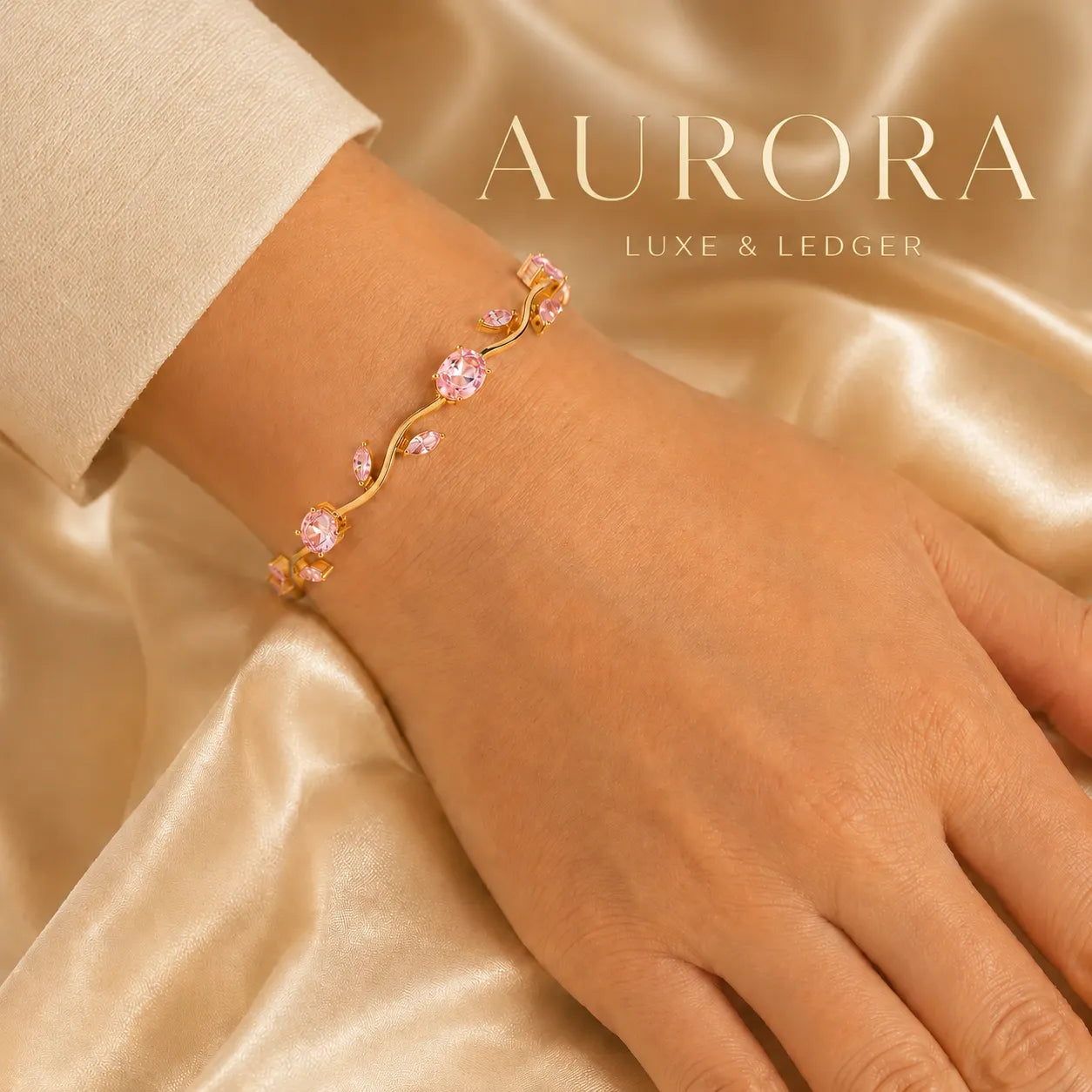 Gold bracelet with pink stones on a hand, branded 'Aurora Luxe & Ledger' on a satin background.