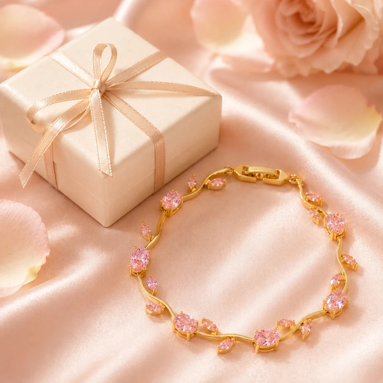 Gold bracelet with pink stones on a pink fabric background with a gift box and roses.
