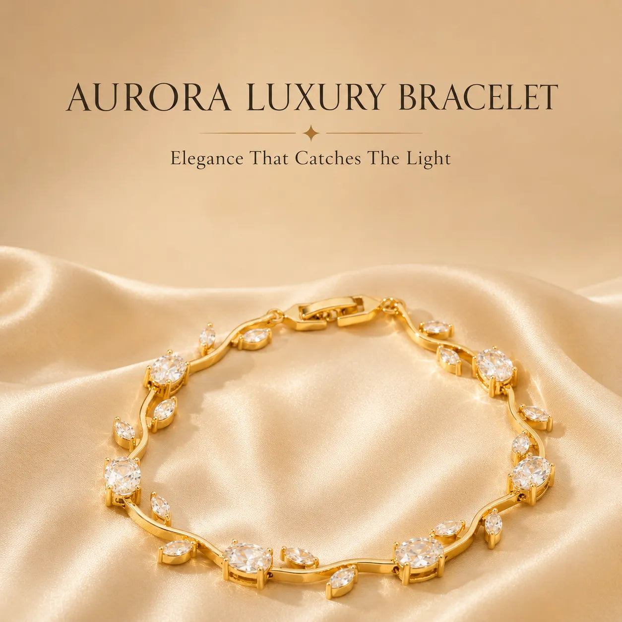 Gold bracelet with diamonds on a beige fabric background, labeled 'Aurora Luxury Bracelet'.