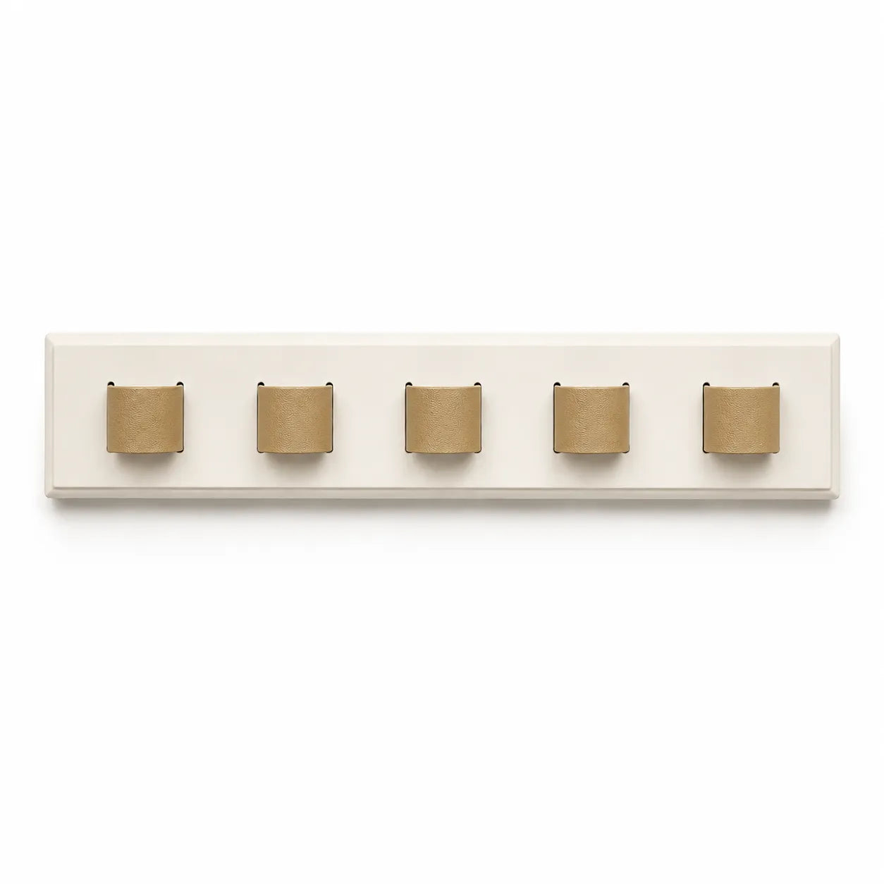 Wall-mounted coat rack with five gold hooks on a white background