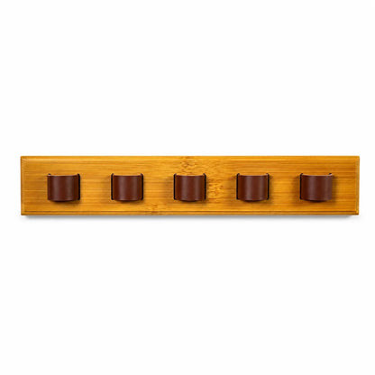 Wooden wall hook with five brown hooks on a white background