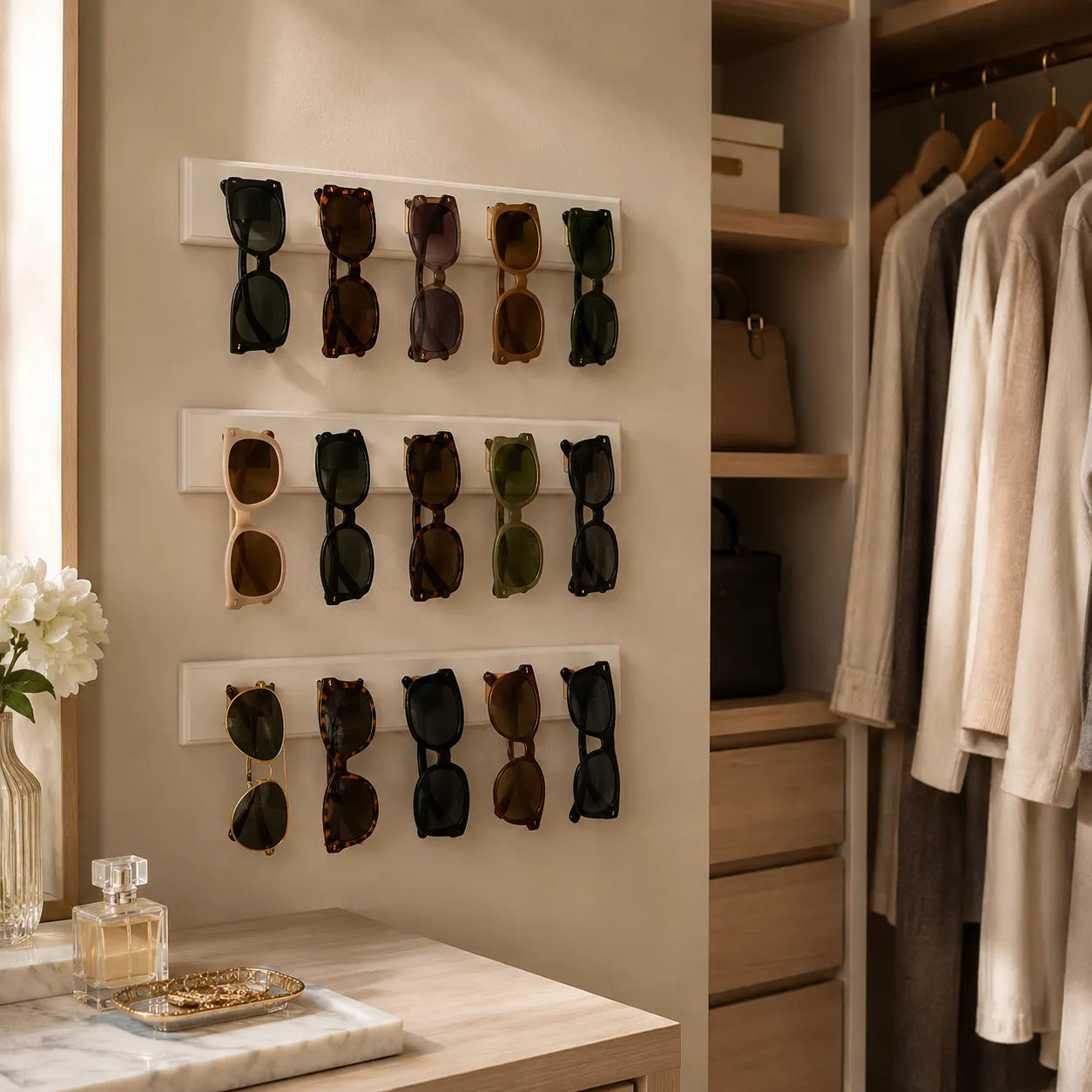 Wall-mounted display of sunglasses in a stylish room with clothing and decor.