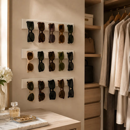 Wall-mounted display of sunglasses in a stylish room with clothing and decor.