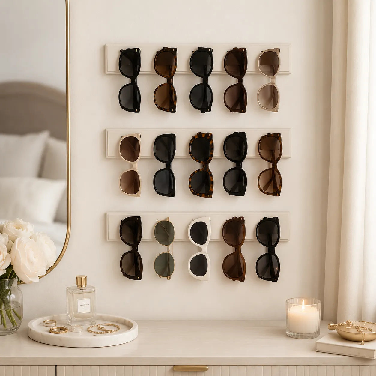 Wall-mounted display of sunglasses in a bedroom setting