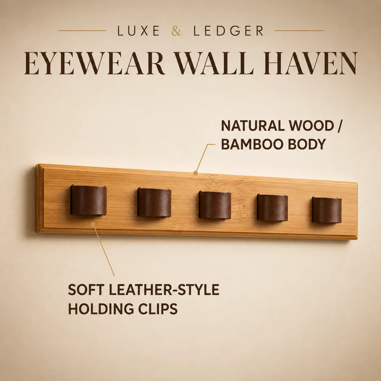 Eyewear wall holder with natural wood and bamboo body and soft leather-style holding clips on a beige background.