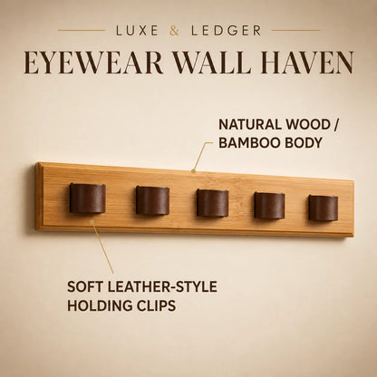 Eyewear wall holder with natural wood and bamboo body and soft leather-style holding clips on a beige background.