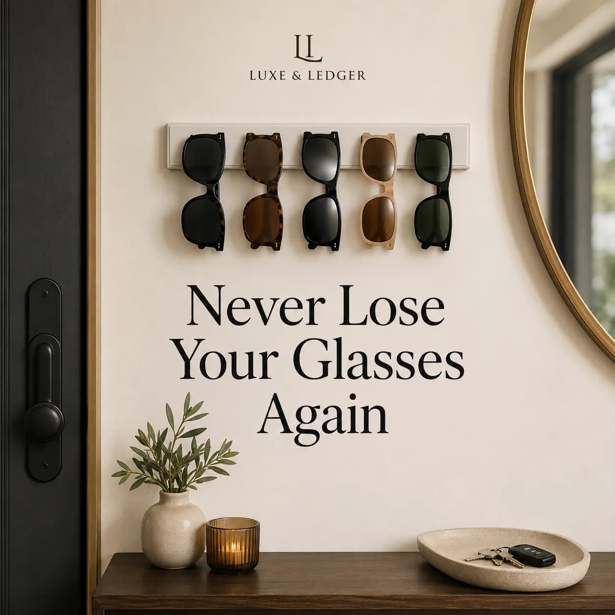 Sunglasses holder with sunglasses on a wall, text 'Never Lose Your Glasses Again', and Luxe & Ledger branding.