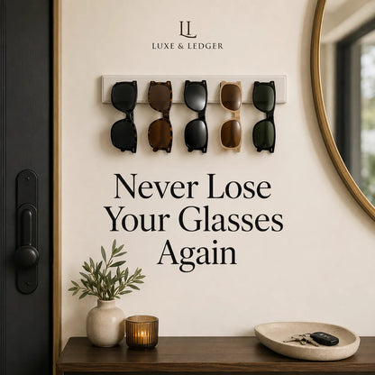 Sunglasses holder with sunglasses on a wall, text 'Never Lose Your Glasses Again', and Luxe & Ledger branding.
