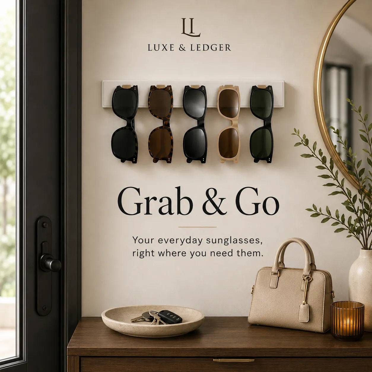 Wall-mounted sunglasses holder with sunglasses, handbag, and decor items on a table.