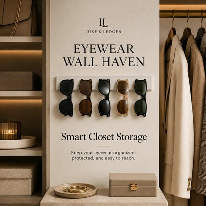Eyewear wall organizer with sunglasses in a stylish closet setting, featuring the brand 'Luxe & Ledger'.