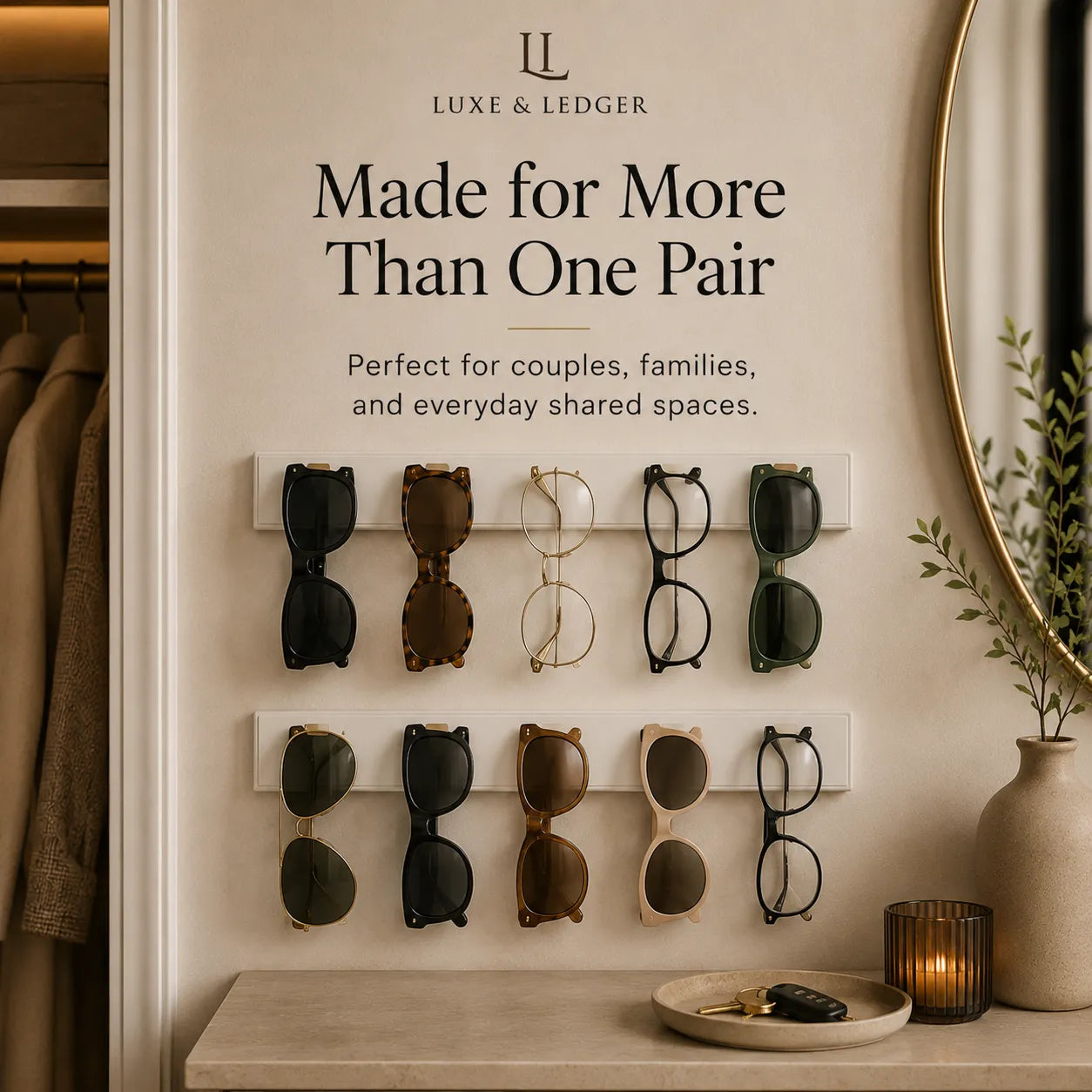 Wall-mounted eyewear organizer with sunglasses and glasses, featuring Luxe & Ledger branding.