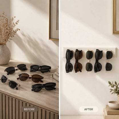 Before and after comparison of sunglasses on a table and wall-mounted rack.