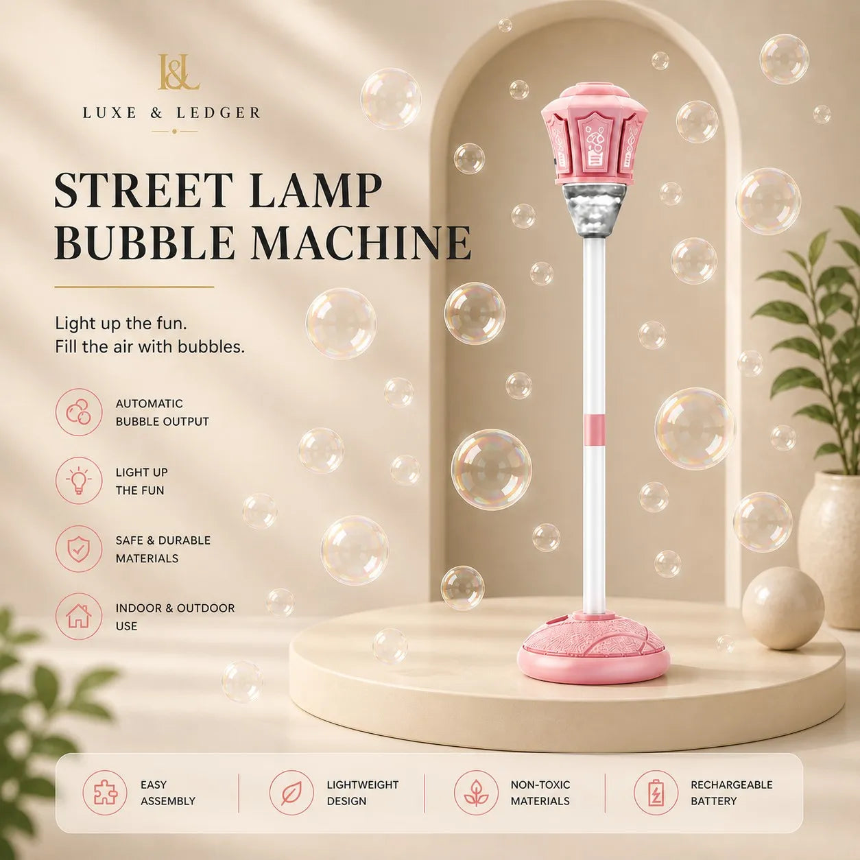 Pink street lamp bubble machine with features listed on a light background