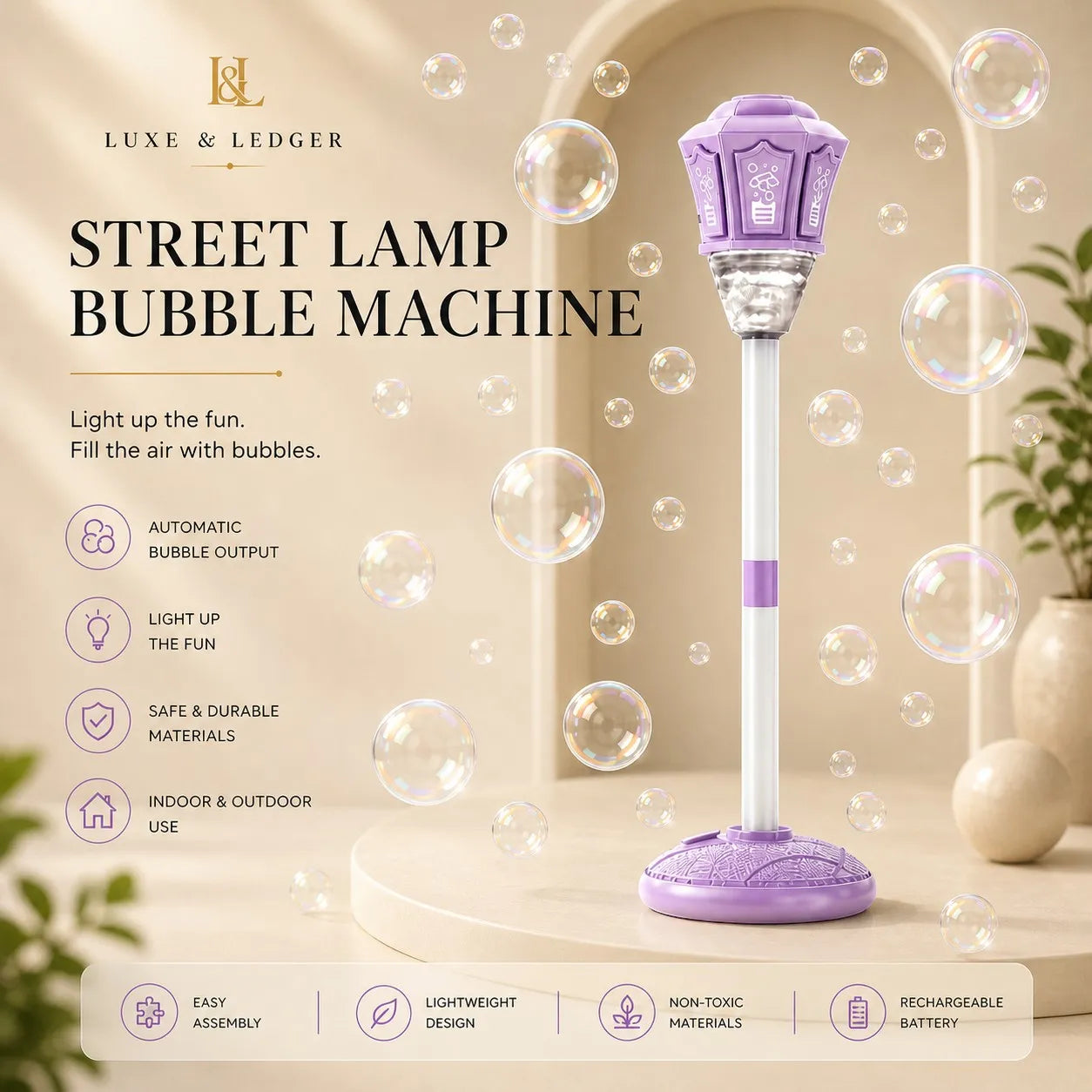Purple street lamp bubble machine with bubbles around it, featuring Luxe & Ledger branding.