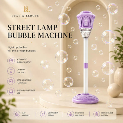Purple street lamp bubble machine with bubbles around it, featuring Luxe & Ledger branding.