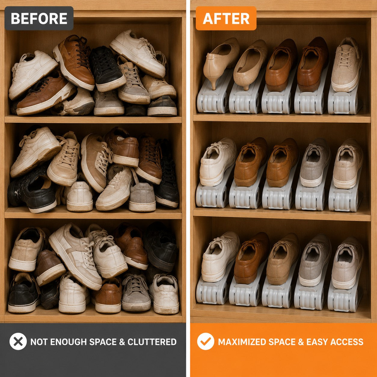 Before and after comparison of a shoe shelf with shoes stacked and on shelves, respectively.