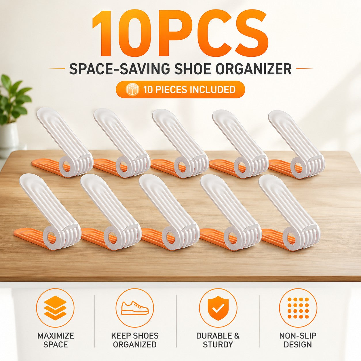 10-piece space-saving shoe organizer set on a wooden surface with promotional text and icons.