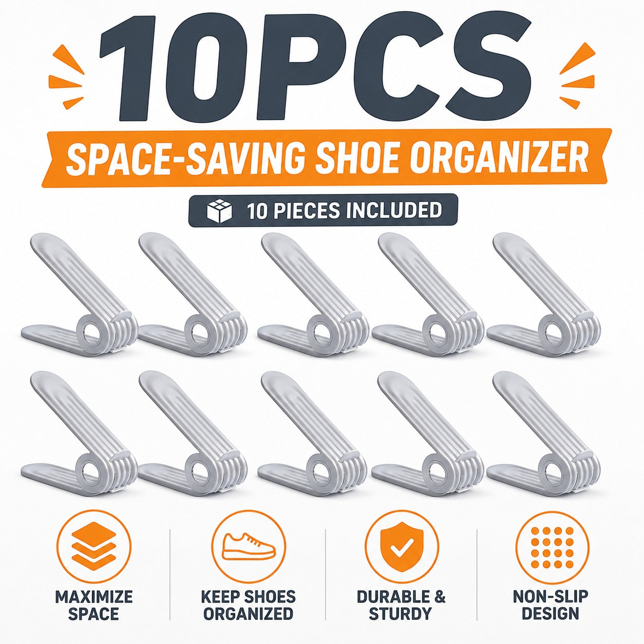 10-piece space-saving shoe organizer set with features highlighted on a white background