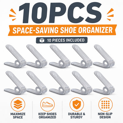 10-piece space-saving shoe organizer set with features highlighted on a white background