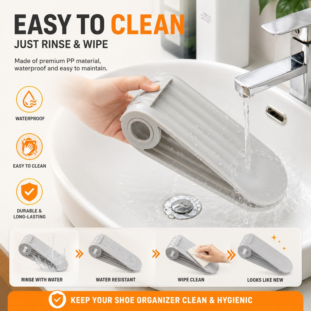 Shoe organizer being rinsed with water in a sink, with text highlighting its features.