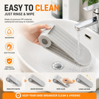 Shoe organizer being rinsed with water in a sink, with text highlighting its features.