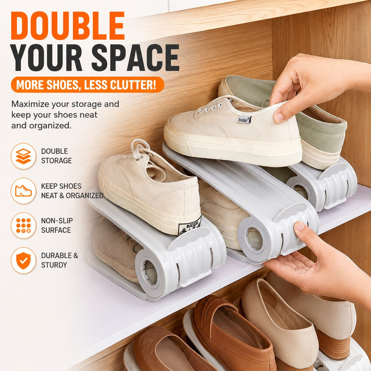 Shoe rack with shoes on a wooden shelf, promoting space-saving storage solution.