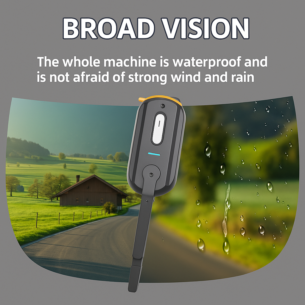 MOTORCYCLE HELMET WIPER with waterproof feature shown on a scenic background