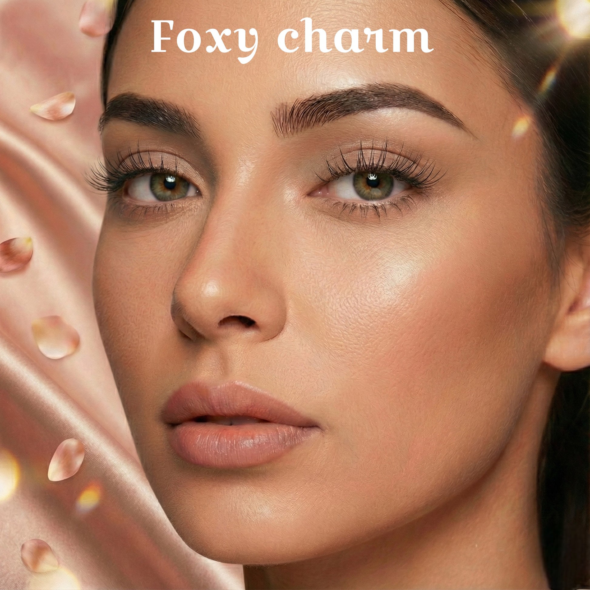 Close-up of a woman's face with 'Foxy Charm' text on a soft, blurred background.