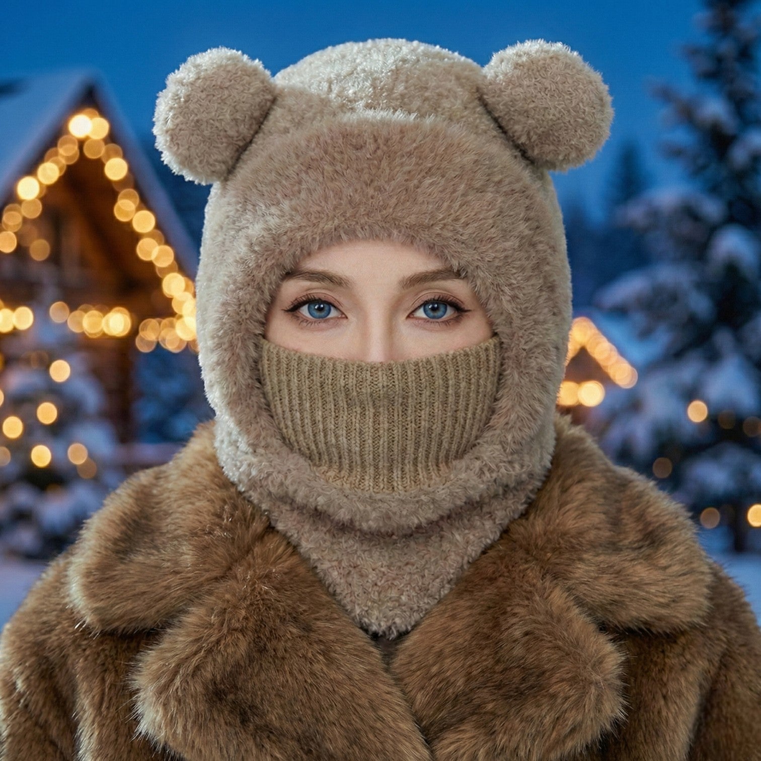 Person wearing a bear-themed hat and coat in a snowy landscape with festive lights.