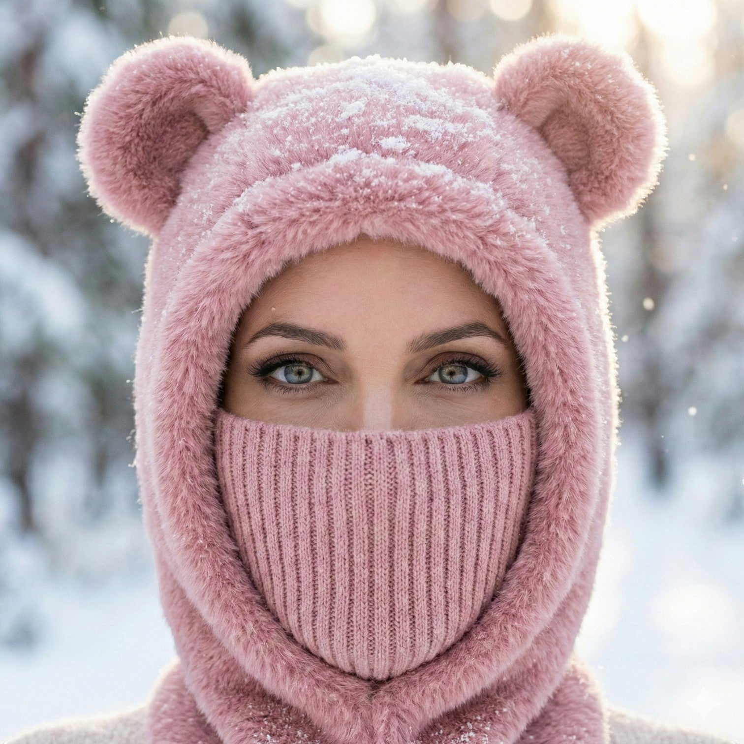 Person wearing a pink bear-themed hood in a snowy setting