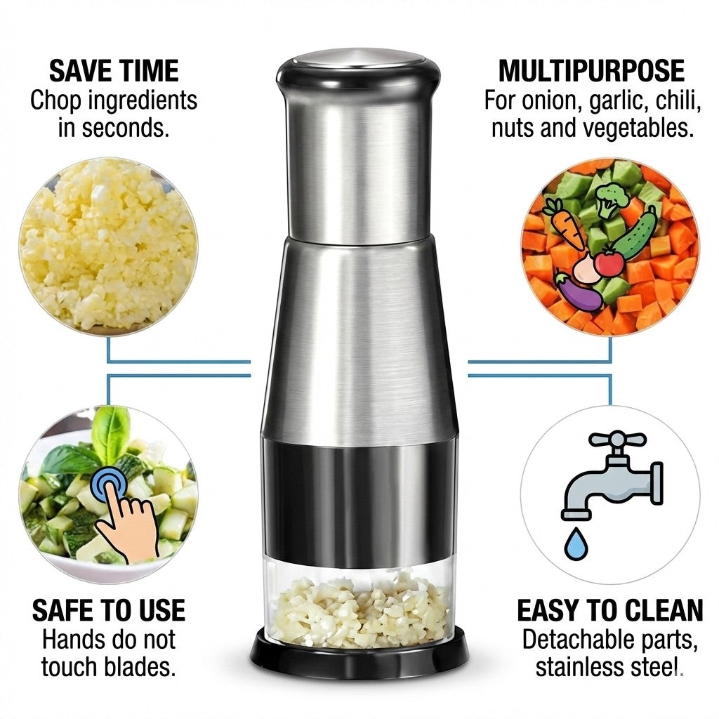 Multifunctional kitchen tool with text highlighting features like saving time, multipurpose use, safety, and ease of cleaning.