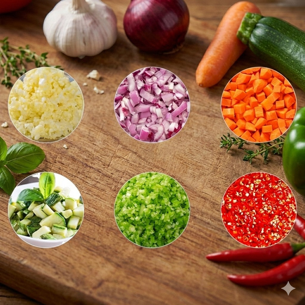 Wooden cutting board with chopped vegetables in small bowls and whole vegetables on a wooden surface.