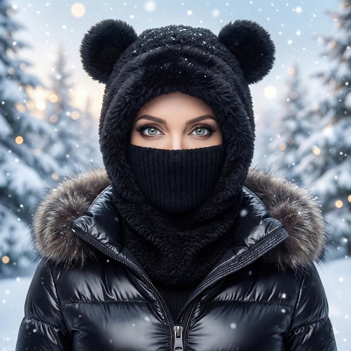Person wearing a black bear-themed hat and coat in a snowy forest setting