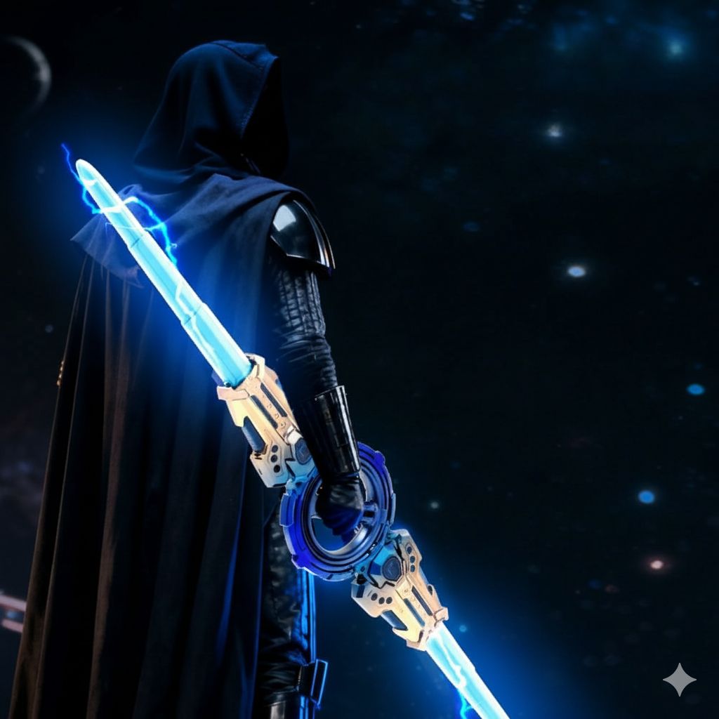 Person in dark cloak holding a glowing blue lightsaber against a starry space background