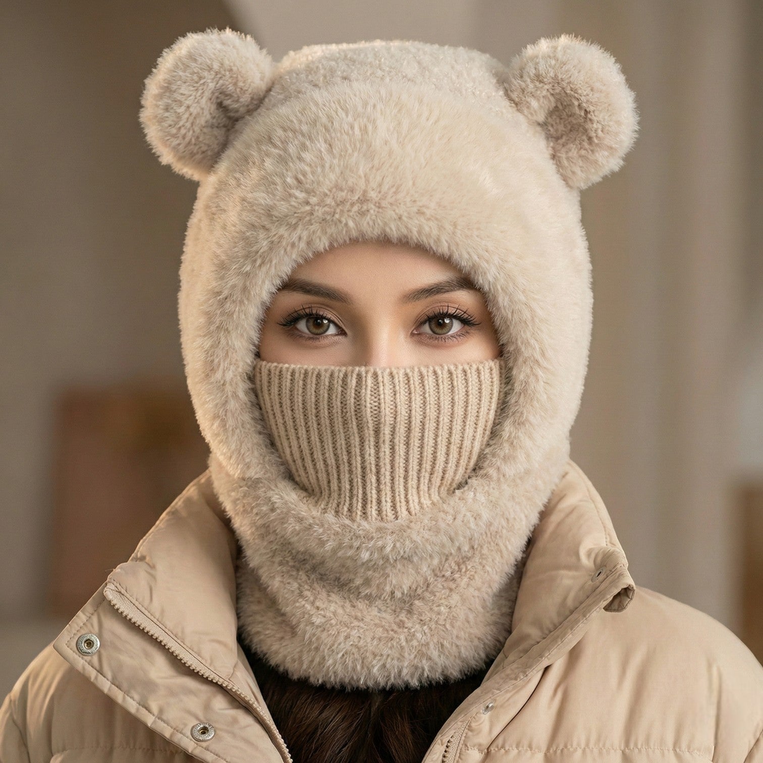 Person wearing a beige knitted balaclava with bear ears and a matching beige jacket.