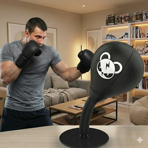 Man in a living room practicing boxing with a punching bag.