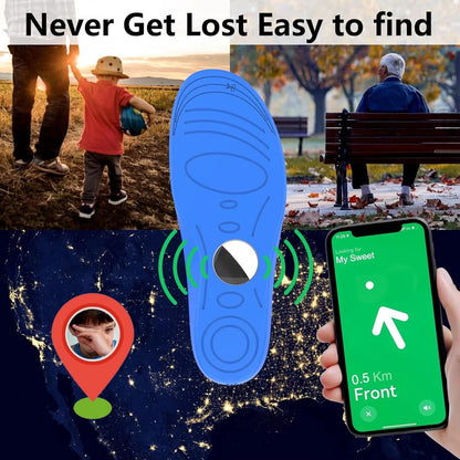 Blue insole with a sensor, smartphone app, and family outdoor scenes.