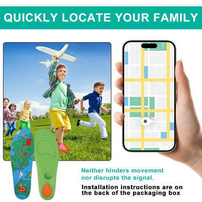 Product advertisement for a location tracking device with a child playing outdoors and a phone showing a map.