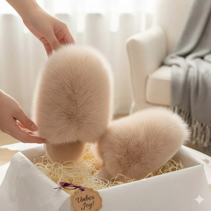 A pair of fluffy faux-fur slippers in a pale blush pink color, shown inside a white gift box with shredded paper and a 'Unbox Joy!' tag. A person's hands are gently holding the slippers in a softly lit, cozy room setting.