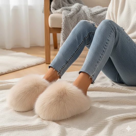Person wearing fluffy slippers on a cozy blanket with a soft interior background