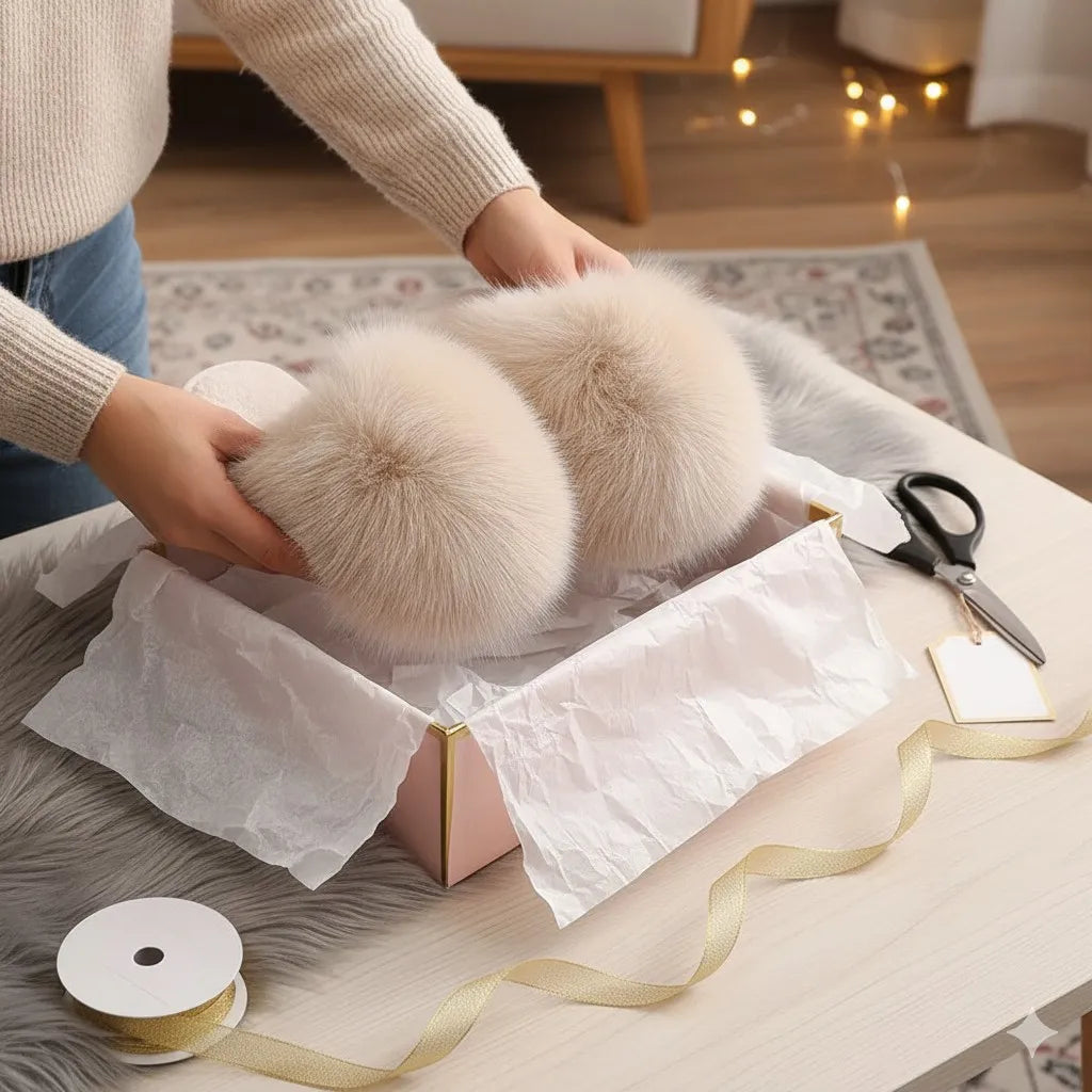 A person's hands are shown placing a pair of fluffy cream faux-fur slippers into a pink gift box lined with white tissue paper, on a light wooden table with ribbon and scissors nearby.