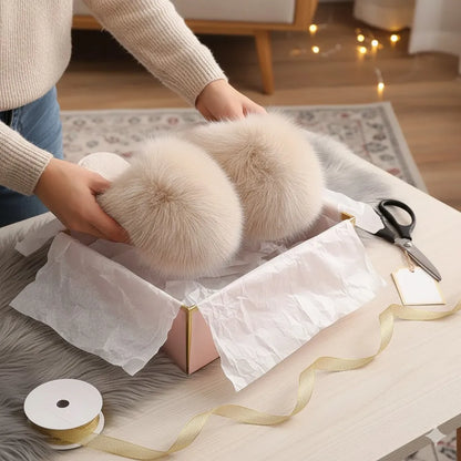 A person's hands are shown placing a pair of fluffy cream faux-fur slippers into a pink gift box lined with white tissue paper, on a light wooden table with ribbon and scissors nearby.