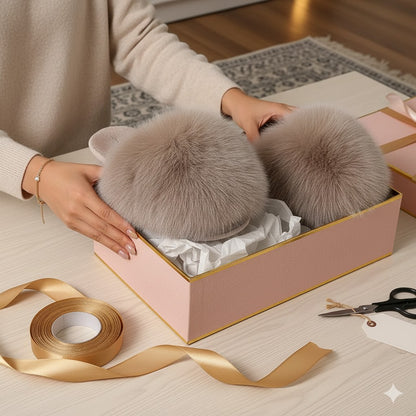 Person holding fluffy gray slippers in a pink box with ribbons and scissors on a table.