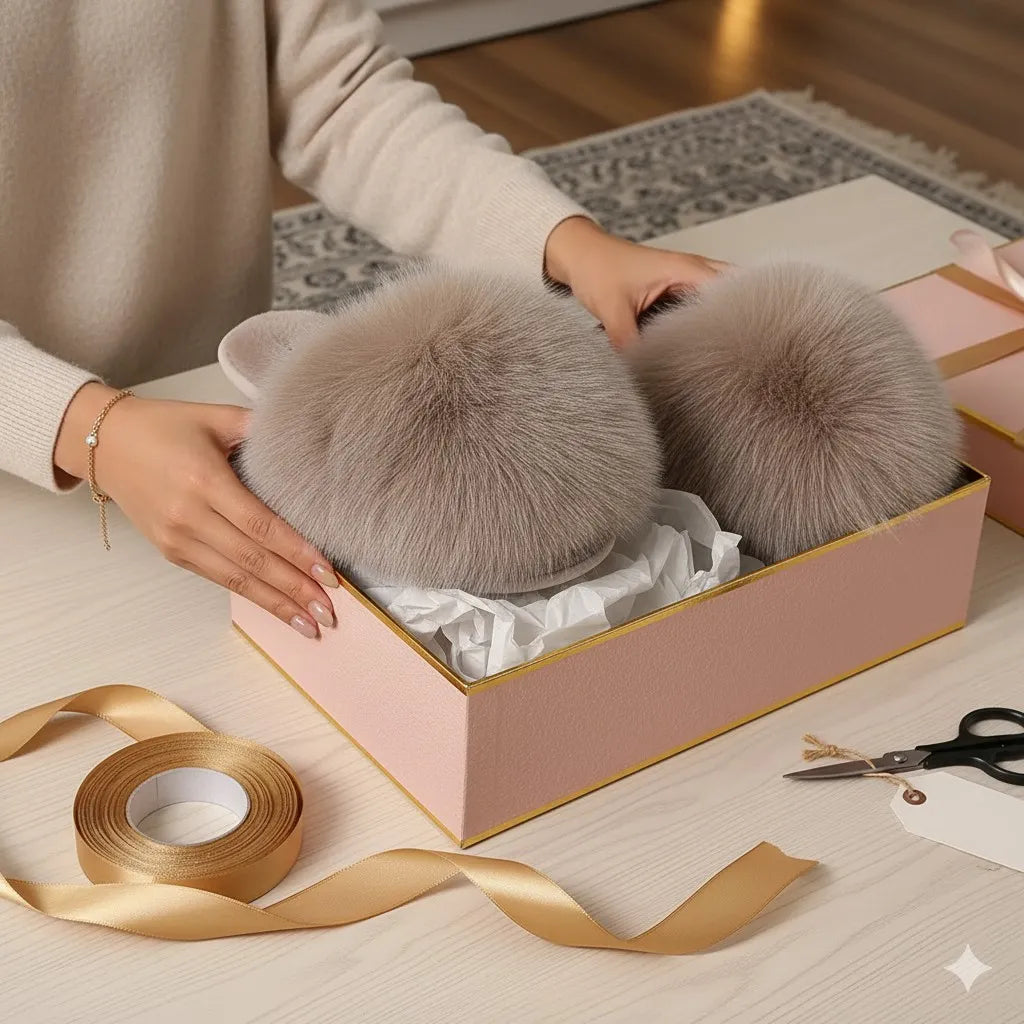 A pair of fluffy faux-fur slippers in a light taupe-gray color, displayed inside a pink gift box with gold trim, surrounded by a person's hands, gold ribbon, and scissors on a light wood table.