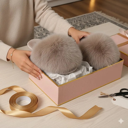 A pair of fluffy faux-fur slippers in a light taupe-gray color, displayed inside a pink gift box with gold trim, surrounded by a person's hands, gold ribbon, and scissors on a light wood table.