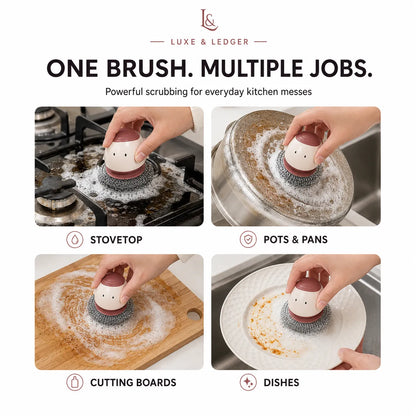 A promotional graphic for a multi-use kitchen cleaning brush by Luxe & Ledger, showing the product being used on a stovetop, pots and pans, cutting boards, and dishes. The graphic features a top header with the brand name and the slogan 'ONE BRUSH.