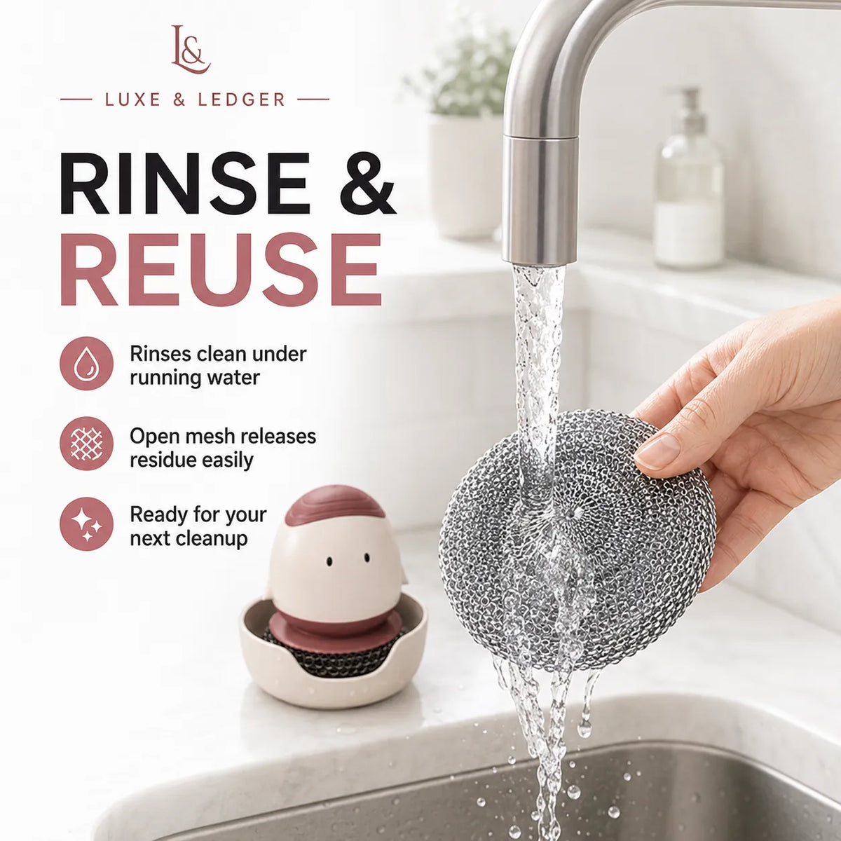 A hand holds a reusable steel wire dish scrubber under running water from a faucet in a kitchen sink, with a small character-shaped dish cleaner resting on the counter. Text on the left reads 'LUXE & LEDGER' and 'RINSE & REUSE' with feature icons.